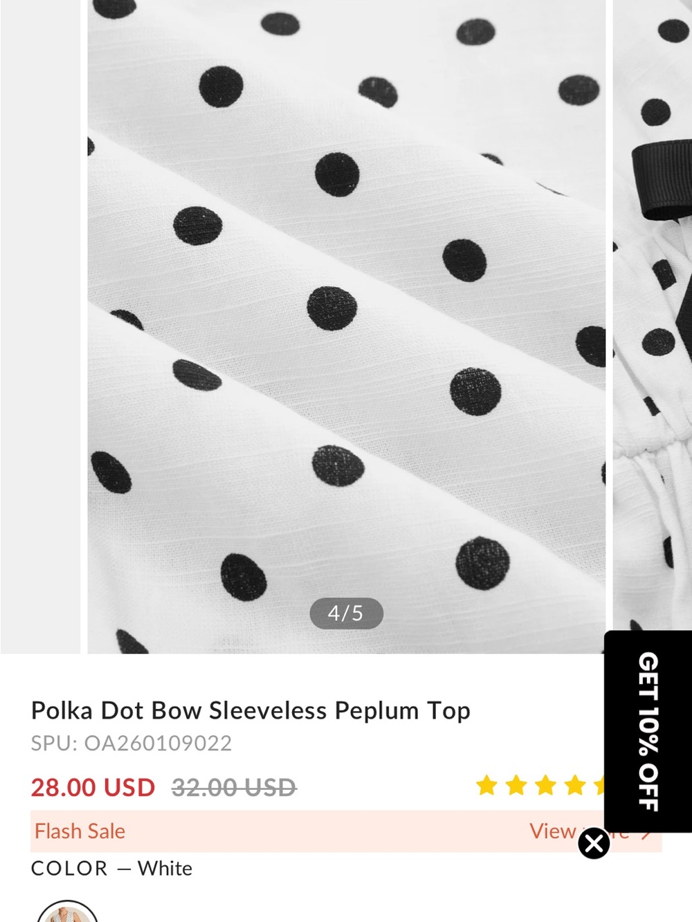 Commense White Polka Dot Sleeveless Peplum Top with Black Bow - Picture 4 of 5
